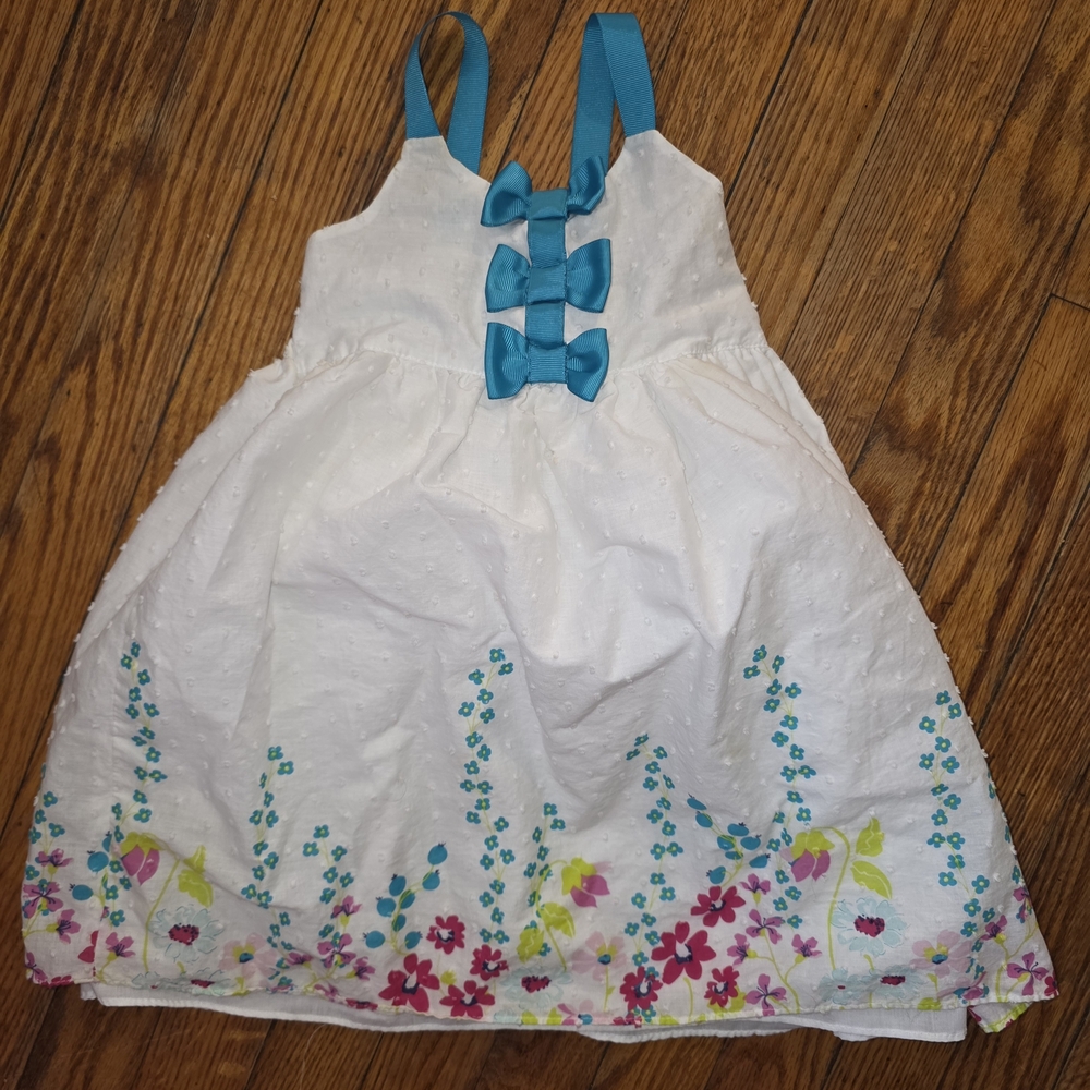 Penelope Mack White Sundress with Teal Bows & Multicolor Floral Trim